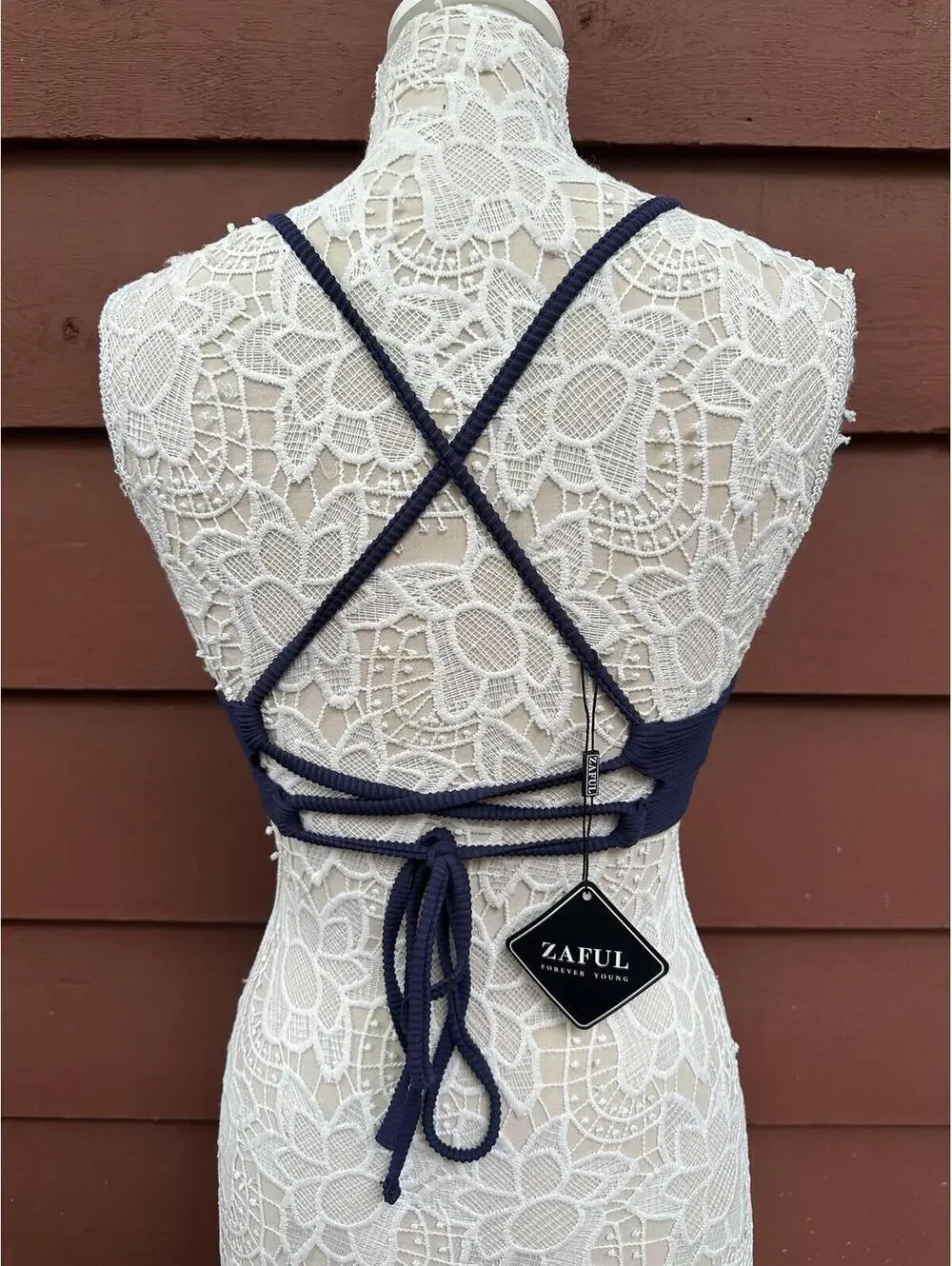 NWT Zaful Navy Ruched Ring Front Bikini Top Y2K Vacation Swimwear